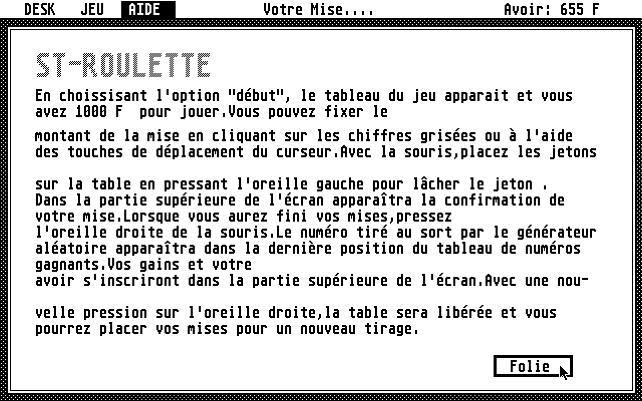 ST Roulette atari screenshot